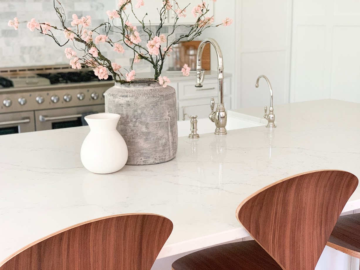 counter stools, wood stools, vase, greenery, kitchen design, interior design, new counter stools, furniture new home, new home, new build 