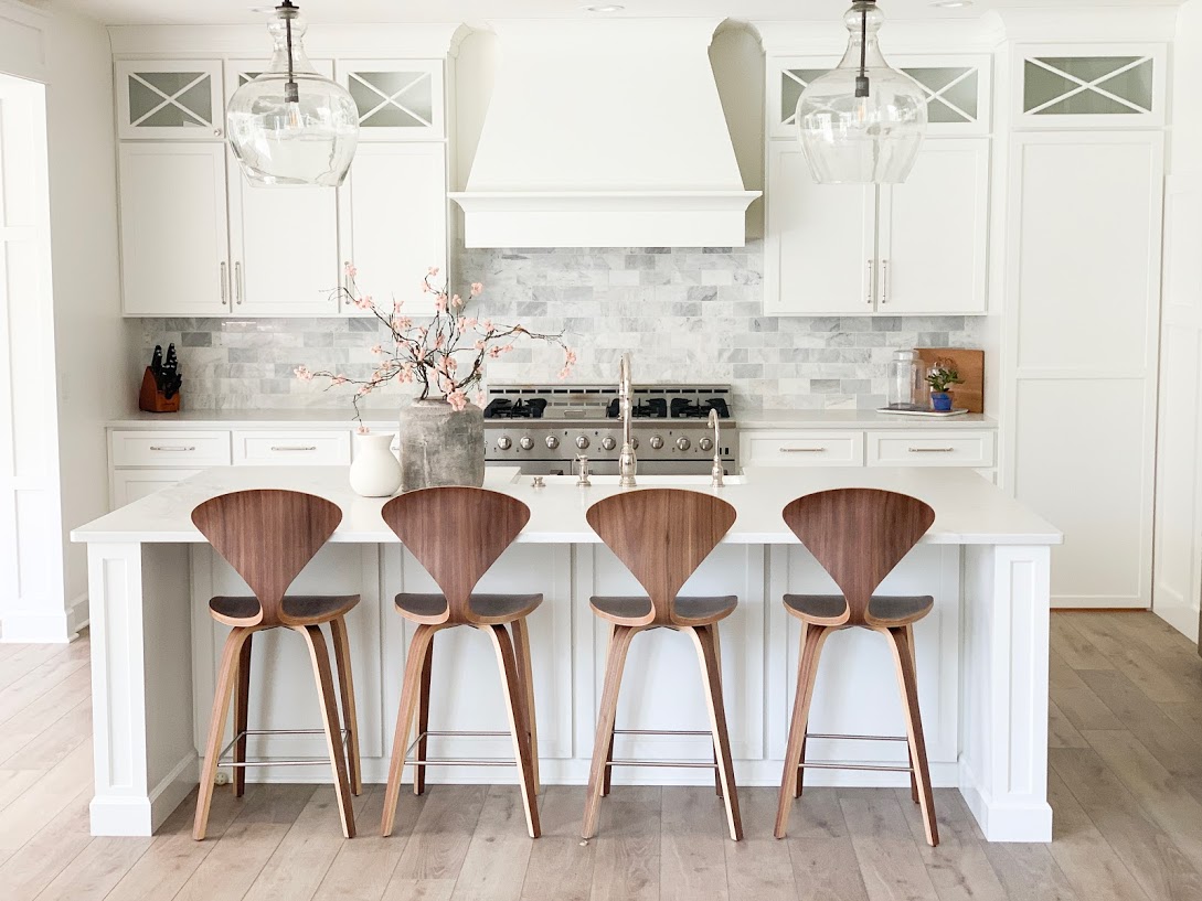 counter stools, wood counter stools, white kitchen, kitchen island with wood stools,